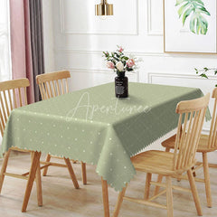 Aperturee - Aperturee Sage Green Geometric Rectangle Tablecloth Simple White Dots Grid Pattern Modern Minimalist Dining Room Kitchen Decor