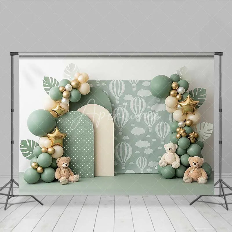 Aperturee - Aperturee Sage Green Hot Air Balloon Photography Backdrop Teddy Bear and Star Party Banner