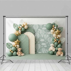 Aperturee - Aperturee Sage Green Hot Air Balloon Photography Backdrop Teddy Bear and Star Party Banner