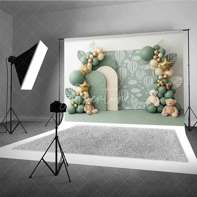 Aperturee - Aperturee Sage Green Hot Air Balloon Photography Backdrop Teddy Bear and Star Party Banner