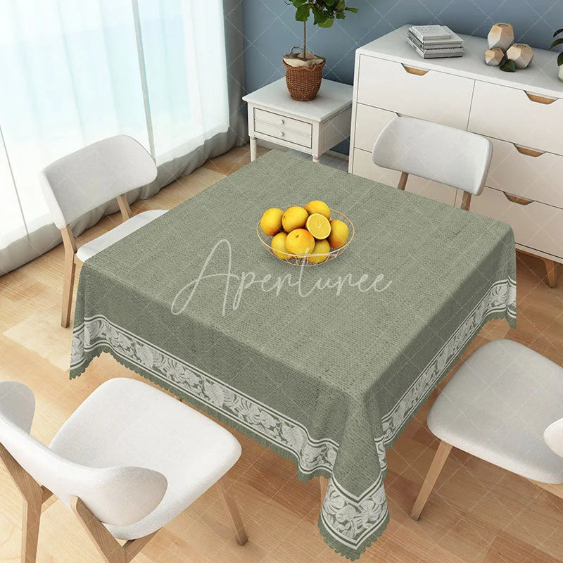 Aperturee - Aperturee Sage Green Rectangle Tablecloth with White Floral Leaf Border Elegant Dining Kitchen Decor