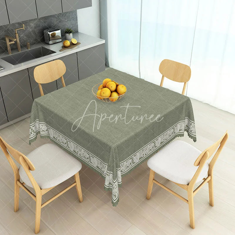 Aperturee - Aperturee Sage Green Rectangle Tablecloth with White Floral Leaf Border Elegant Dining Kitchen Decor