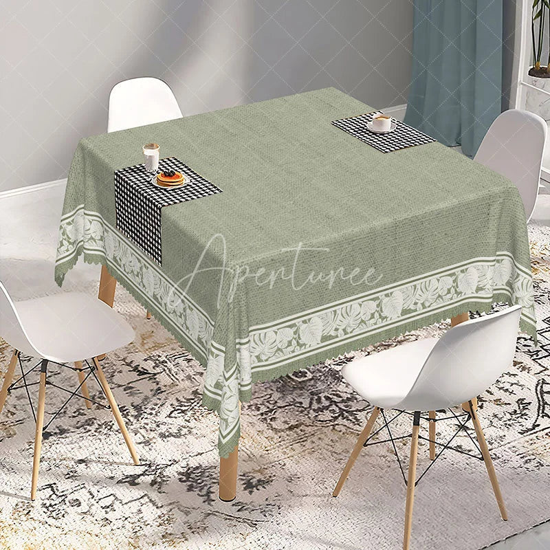 Aperturee - Aperturee Sage Green Rectangle Tablecloth with White Floral Leaf Border Elegant Dining Kitchen Decor