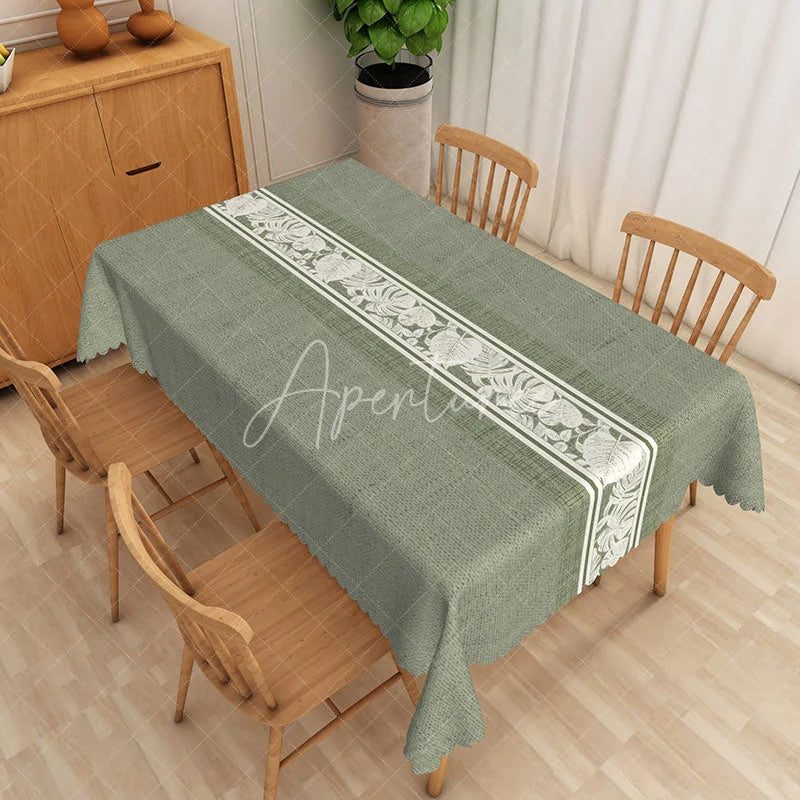Aperturee - Aperturee Sage Green Rustic Texture Floral Center Rectangle Tablecloth Elegant Dining Decor Washable Kitchen Table Cover