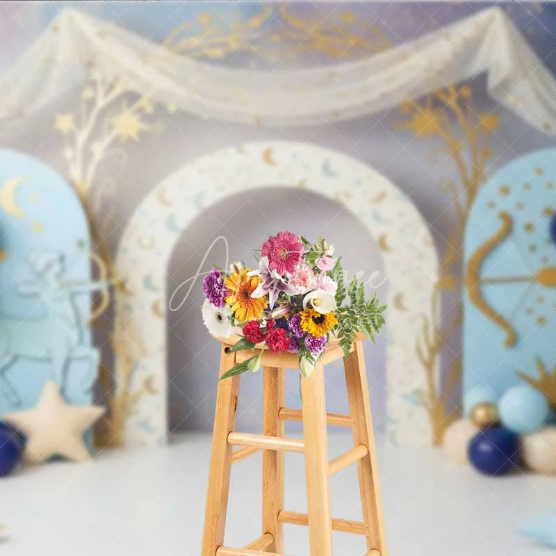 Aperturee - Aperturee Sagittarius Zodiac Photography Backdrop Blue Archer and Gold Stars Birthday Party Background