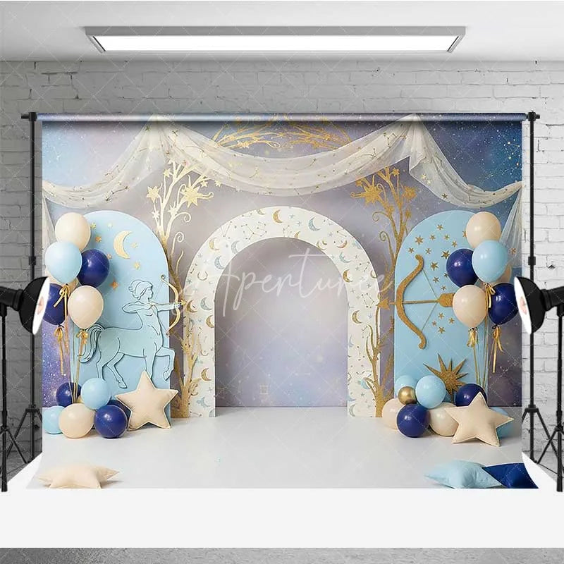 Aperturee - Aperturee Sagittarius Zodiac Photography Backdrop Blue Archer and Gold Stars Birthday Party Background