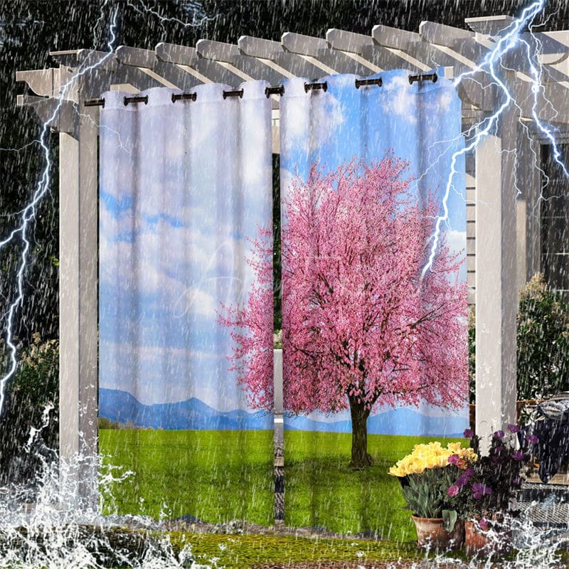 Aperturee - Aperturee Sakura Tree Waterproof Spring Outdoor Curtains For Patio