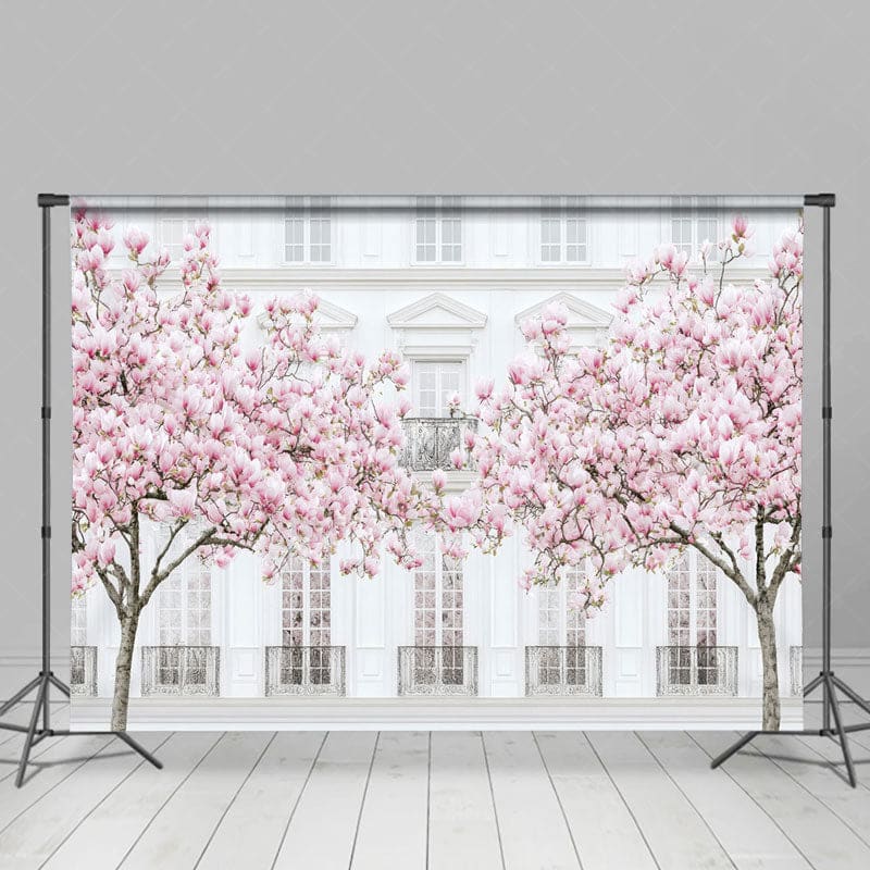 Aperturee - Aperturee Sakura Tree White Elegant Building Photo Backdrop