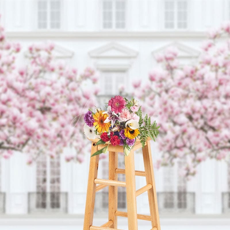 Aperturee - Aperturee Sakura Tree White Elegant Building Photo Backdrop
