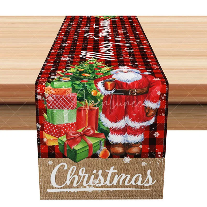 Aperturee - Aperturee Santa Claus Red Buffalo Plaid Table Runner Rustic Burlap ’Christmas’ Farmhouse Holiday Dining Decor
