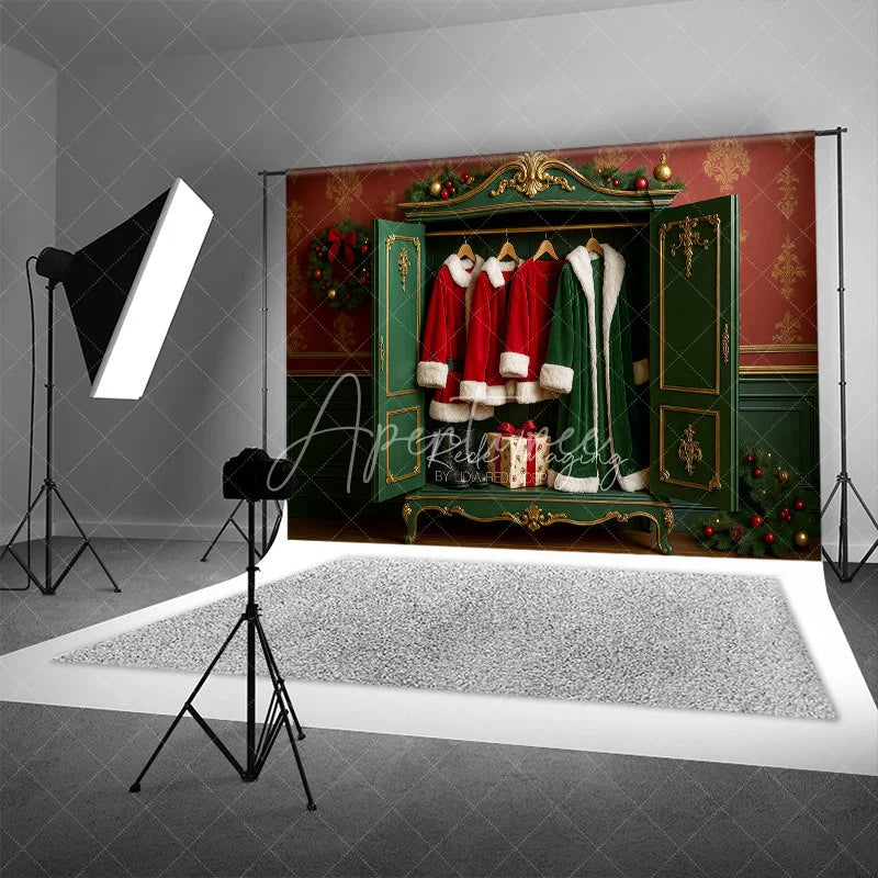Aperturee - Aperturee Santa Closet Backdrop Green Wardrobe Red Coat Gift Photography Background Dressing Room Winter Holiday Party