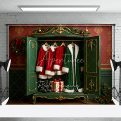 Aperturee - Aperturee Santa Closet Backdrop Green Wardrobe Red Coat Gift Photography Background Dressing Room Winter Holiday Party