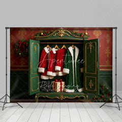 Aperturee - Aperturee Santa Closet Backdrop Green Wardrobe Red Coat Gift Photography Background Dressing Room Winter Holiday Party