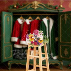 Aperturee - Aperturee Santa Closet Backdrop Green Wardrobe Red Coat Gift Photography Background Dressing Room Winter Holiday Party