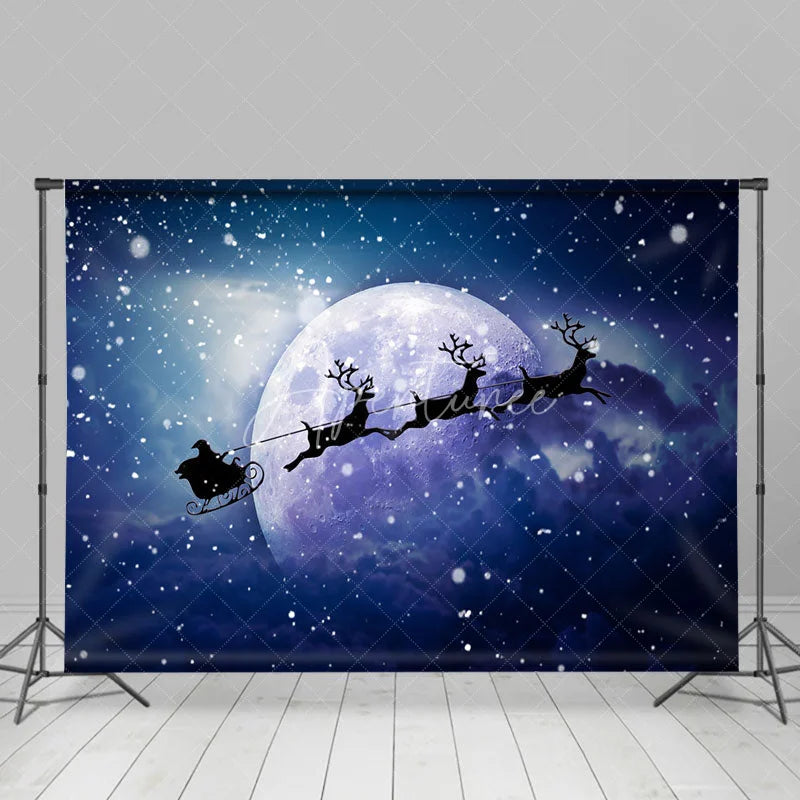 Aperturee - Aperturee Santa Sleigh Christmas Backdrop Flying Reindeer Full Moon Silhouette Snowy Night Winter Photography Props