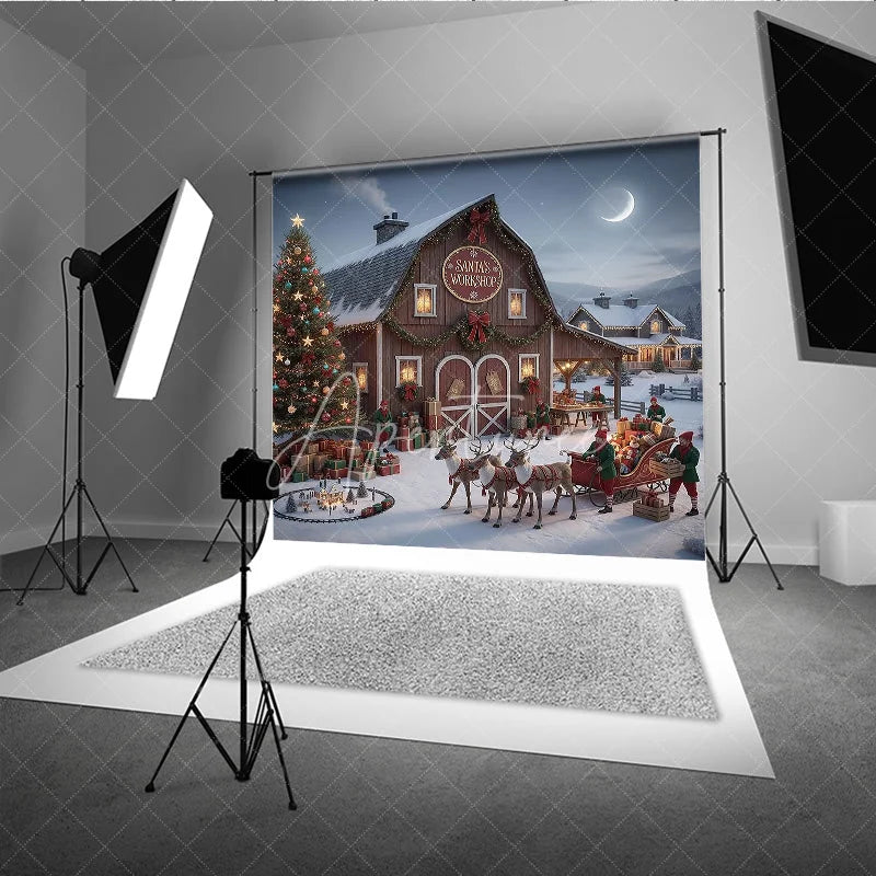 Aperturee - Aperturee Santa Workshop Backdrop Elf Sleigh Reindeer North Pole Photography Background Christmas Barn Holiday Party Decoration
