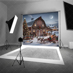 Aperturee - Aperturee Santa Workshop Backdrop Elf Sleigh Reindeer North Pole Photography Background Christmas Barn Holiday Party Decoration