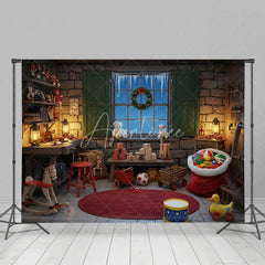 Aperturee - Aperturee Santa Workshop Backdrop Toy Maker Room with Workbench Christmas Window Scene Holiday Photography Props