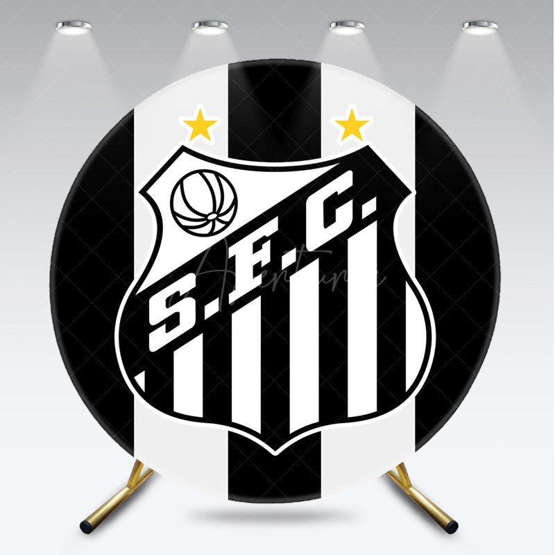 Aperturee - Aperturee Santos FC Inspired Round Backdrop Kit Brazilian Football Club Logo Black and White Soccer Party Decor