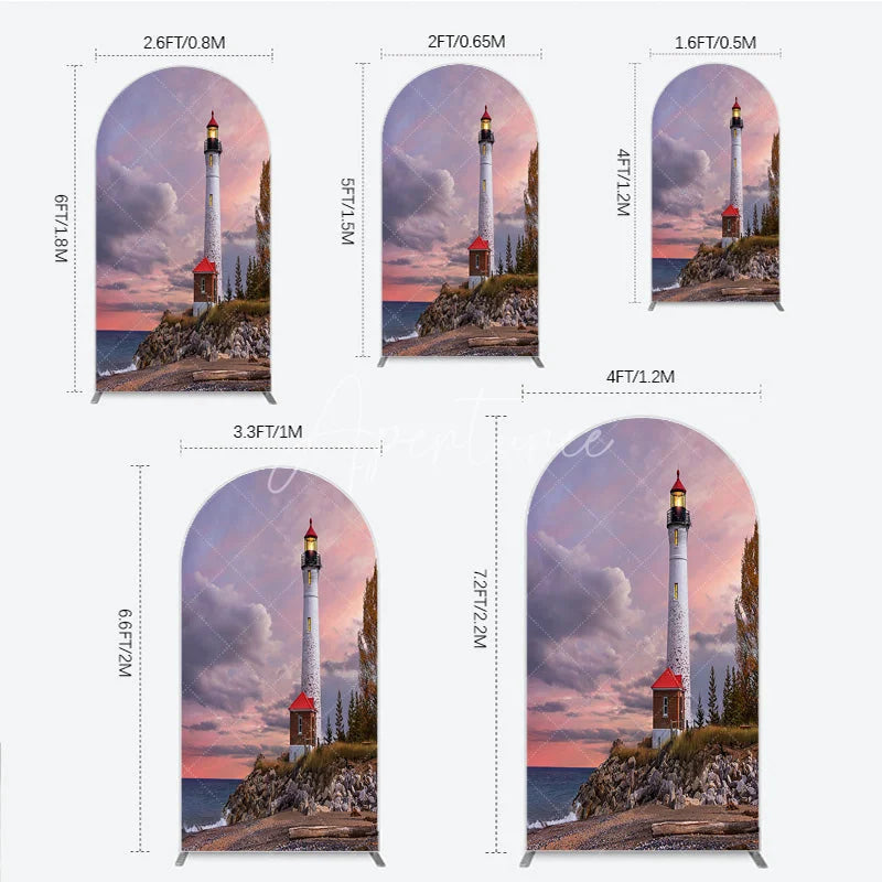 Aperturee - Aperturee Scenic Lighthouse and Coastal Sunset Round Top Arch Backdrop Dramatic Sky Photography Prop for Studio