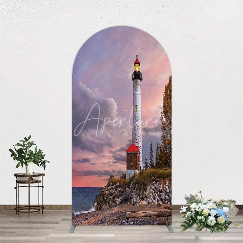 Aperturee - Aperturee Scenic Lighthouse and Coastal Sunset Round Top Arch Backdrop Dramatic Sky Photography Prop for Studio