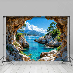 Aperturee - Aperturee Scenic Natural Cave Opening Photography Backdrop with Clear Blue Ocean and Rocky Coastline Tropical Landscape View