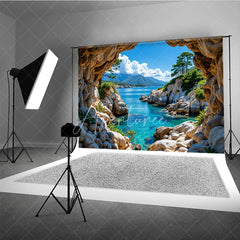 Aperturee - Aperturee Scenic Natural Cave Opening Photography Backdrop with Clear Blue Ocean and Rocky Coastline Tropical Landscape View