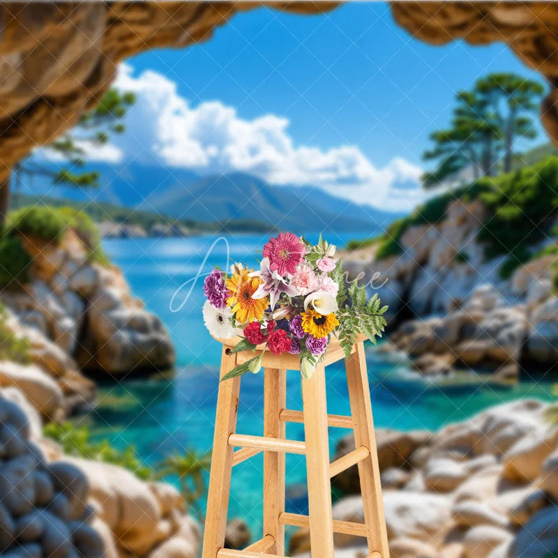 Aperturee - Aperturee Scenic Natural Cave Opening Photography Backdrop with Clear Blue Ocean and Rocky Coastline Tropical Landscape View