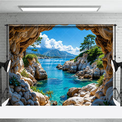 Aperturee - Aperturee Scenic Natural Cave Opening Photography Backdrop with Clear Blue Ocean and Rocky Coastline Tropical Landscape View