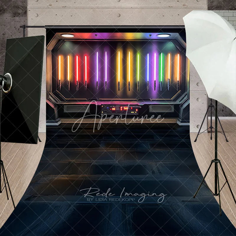 Aperturee - Aperturee Sci-Fi Glowing Laser Swords Armory Backdrop Space Spaceship Interior Photography Background for Boy Portrait
