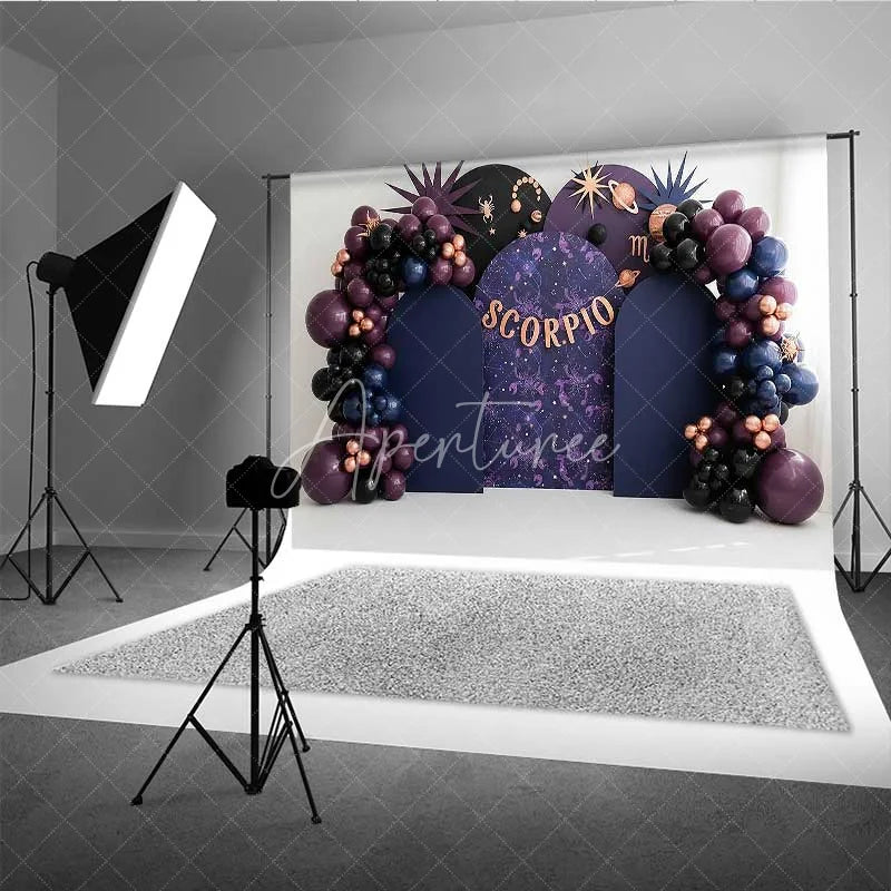 Aperturee - Aperturee Scorpio Zodiac Photography Backdrop Dark Purple and Black Scorpio Birthday Party Background