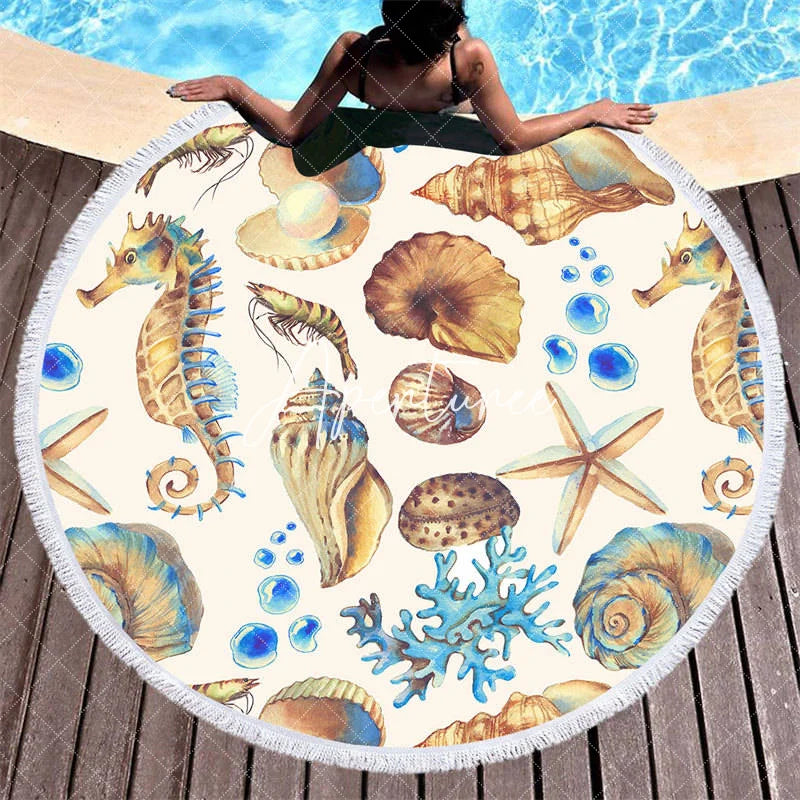Aperturee - Aperturee Sea Star Seahorse Coral Pattern Round Beach Towel