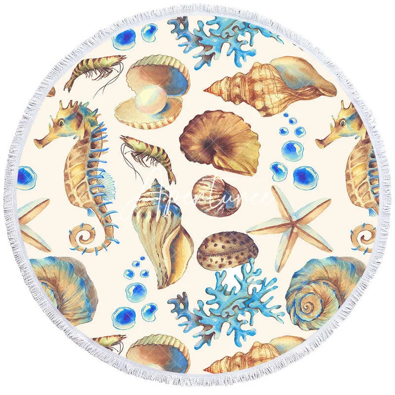 Aperturee - Aperturee Sea Star Seahorse Coral Pattern Round Beach Towel