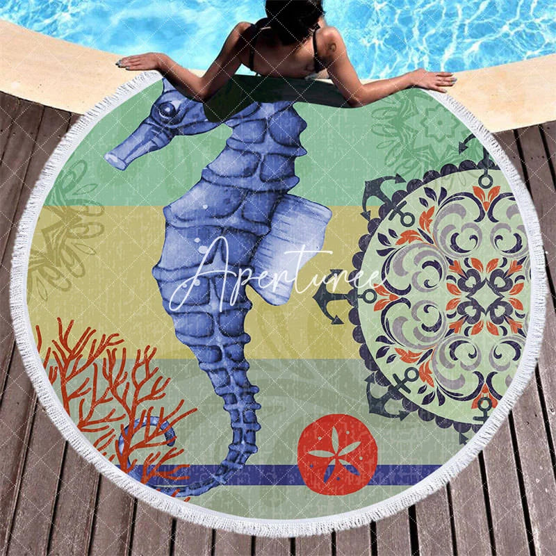 Aperturee - Aperturee Seahorse Anchor Mysterious Vibe Round Beach Towel