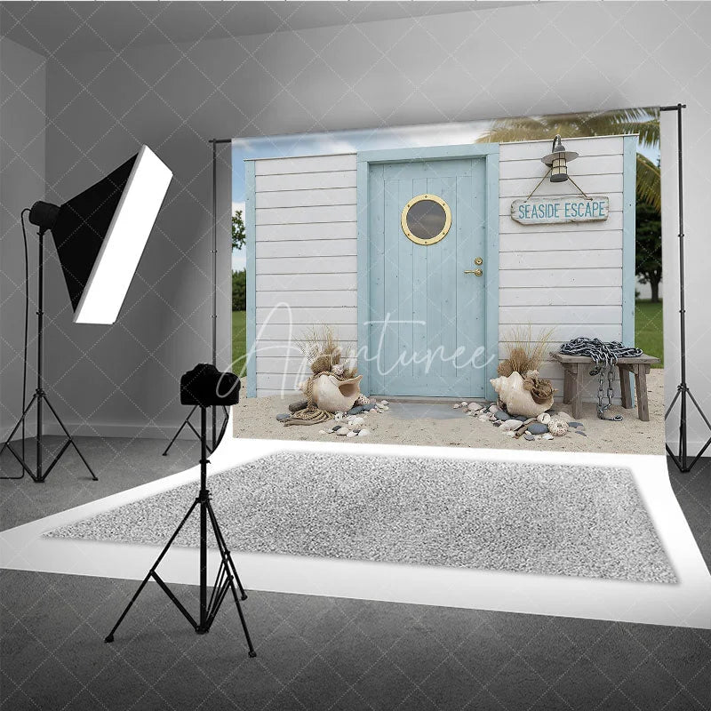 Aperturee - Aperturee Seaside Escape Light Blue Wooden Door Photography Backdrop with Porthole White Plank Wall and Beach Decor