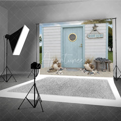 Aperturee - Aperturee Seaside Escape Light Blue Wooden Door Photography Backdrop with Porthole White Plank Wall and Beach Decor