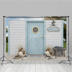 Aperturee - Aperturee Seaside Escape Light Blue Wooden Door Photography Backdrop with Porthole White Plank Wall and Beach Decor