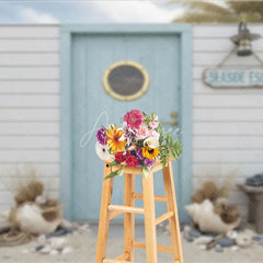 Aperturee - Aperturee Seaside Escape Light Blue Wooden Door Photography Backdrop with Porthole White Plank Wall and Beach Decor