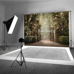 Aperturee - Aperturee Secret Garden Gate Backdrop Stone Pillars with Iron Gate Pink Rose Floral Photography Background Prop