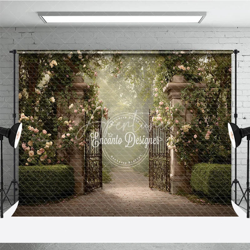 Aperturee - Aperturee Secret Garden Gate Backdrop Stone Pillars with Iron Gate Pink Rose Floral Photography Background Prop