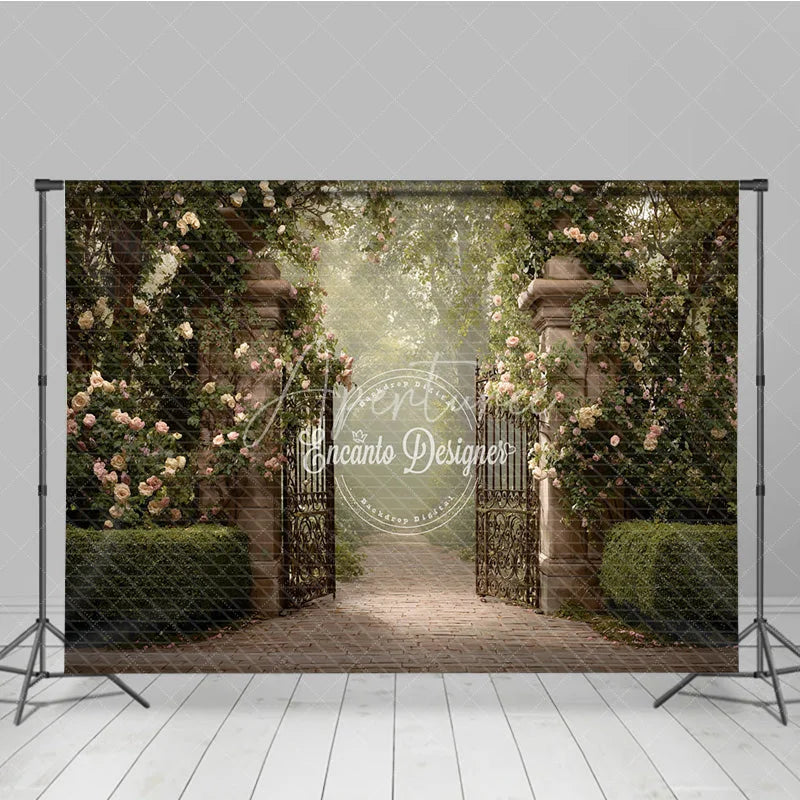 Aperturee - Aperturee Secret Garden Gate Backdrop Stone Pillars with Iron Gate Pink Rose Floral Photography Background Prop