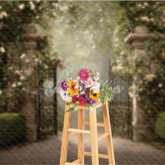 Aperturee - Aperturee Secret Garden Gate Backdrop Stone Pillars with Iron Gate Pink Rose Floral Photography Background Prop