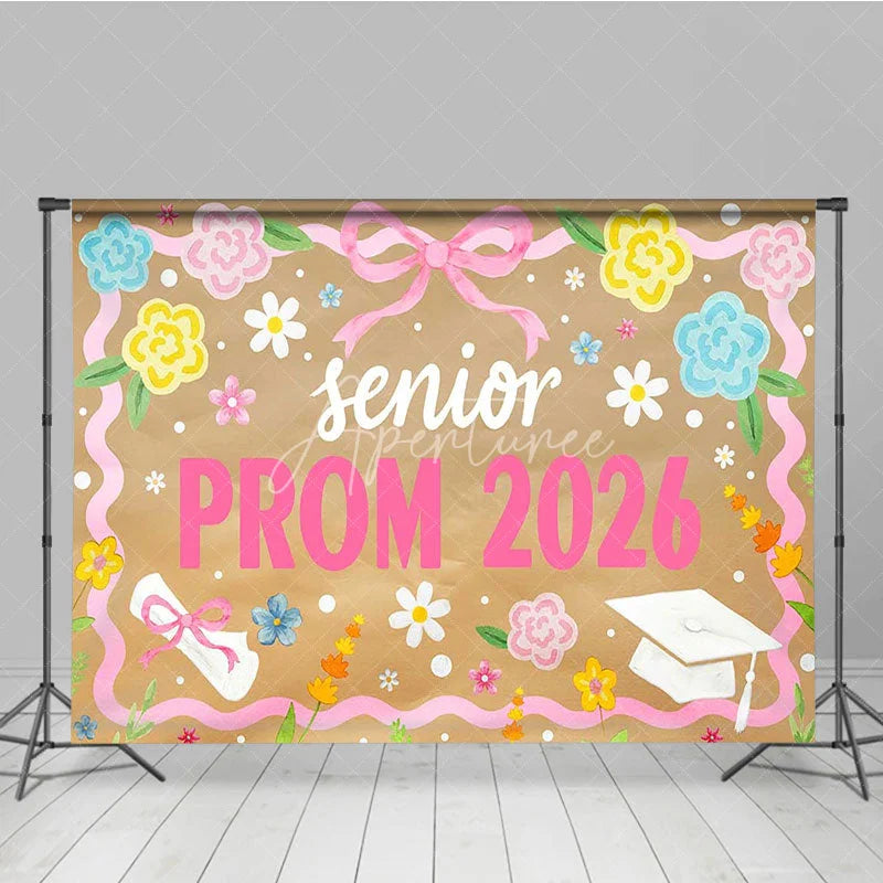 Aperturee - Aperturee Senior Prom 2026 Backdrop Pink Ribbon Flowers and Graduation Cap Diploma Photography Background