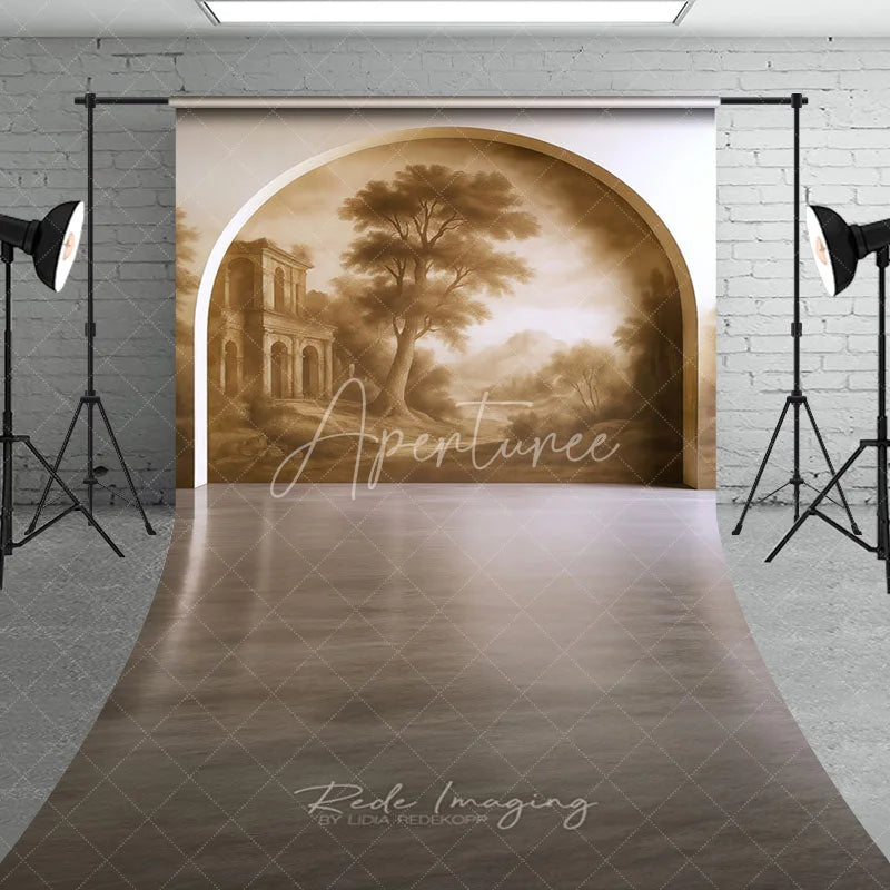 Aperturee - Aperturee Sepia Tone Archway Sweep Backdrop featuring Ancient Building and Tree Old Master Style Photography Prop