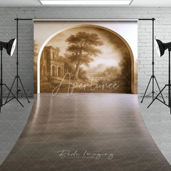Aperturee - Aperturee Sepia Tone Archway Sweep Backdrop featuring Ancient Building and Tree Old Master Style Photography Prop