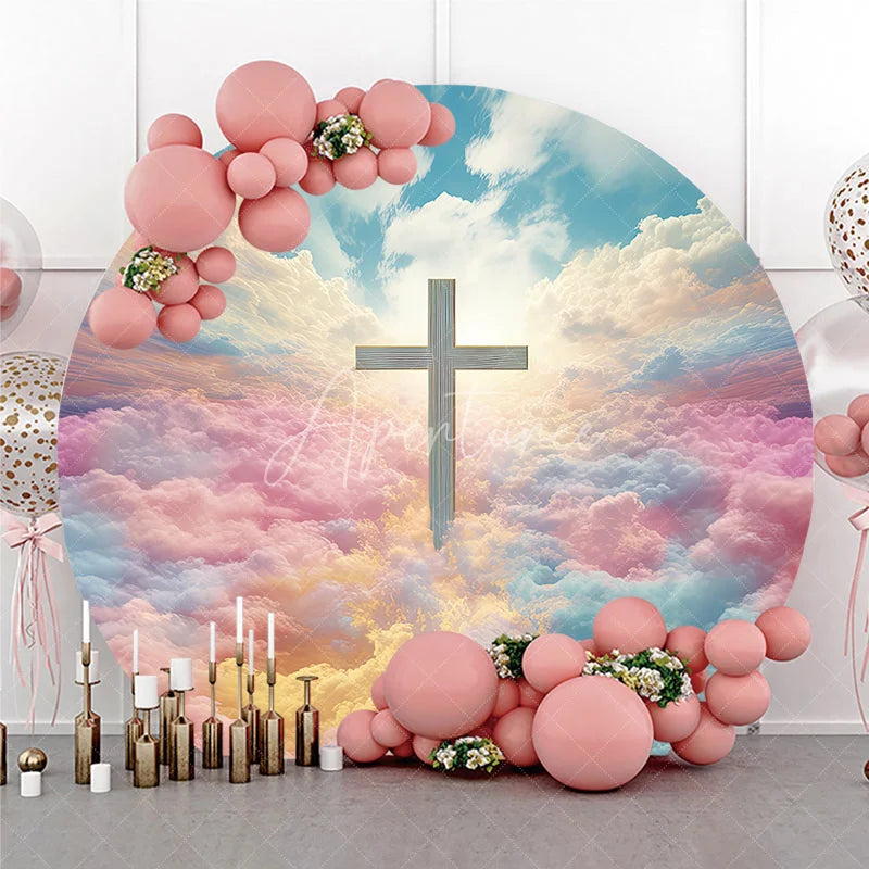 Aperturee - Aperturee Serene Heavenly Cross with Pastel Clouds and Bright Sky Round Backdrop Spiritual Baptism and Easter Decor