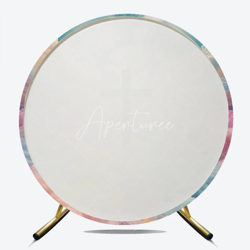 Aperturee - Aperturee Serene Heavenly Cross with Pastel Clouds and Bright Sky Round Backdrop Spiritual Baptism and Easter Decor