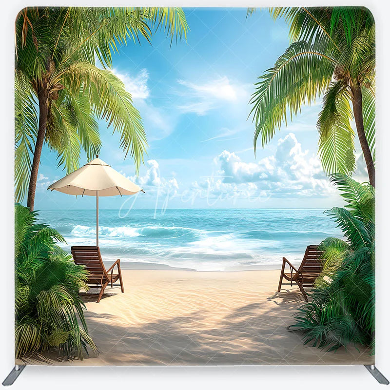Aperturee - Aperturee Serene Tropical Beach with Palm Trees and Ocean Waves Square Double-Sided Backdrop Perfect for Summer Vacation