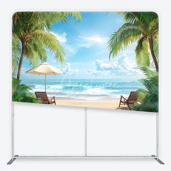 Aperturee - Aperturee Serene Tropical Beach with Palm Trees and Ocean Waves Square Double-Sided Backdrop Perfect for Summer Vacation
