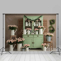 Aperturee Aperturee Shabby Chic Flower Shop Photography Backdrop Sage Green Cabinet with Pink Roses Vintage Farmhouse Photo Prop
